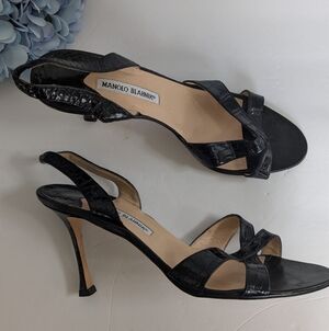 Manolo Blahnik Black Croc-Embossed Heels Sz 10.5